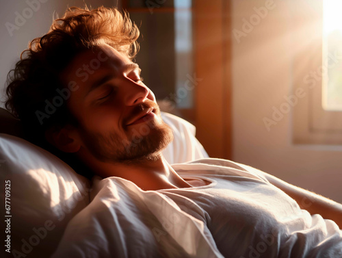 Man enjoying peaceful morning sunlight in bedroom 