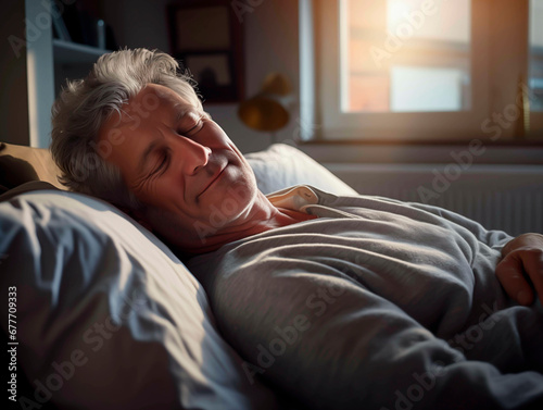 Senior man smiling in bed, basking in golden hour light 