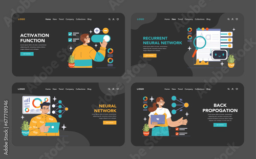 Neural Network dark or night mode web or landing set. Machine learning key concepts. Convolutional, recurrent networks, deep learning insights. Loss function, bias, epochs. Flat vector illustration