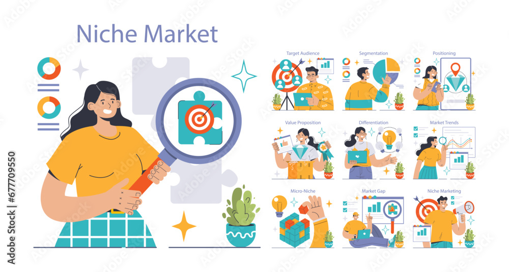 Niche Market set. Exploring target audience, value proposition, and market trends. Segmentation, differentiation, and positioning strategies. Micro-niche discovery. Flat vector illustration - obrazy, fototapety, plakaty 