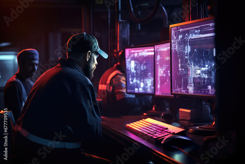 Male officer works on a computer screen with surveillance CCTV Video in factory monitoring data center on a big radar digital screen at harbor background. Employees working in the office.