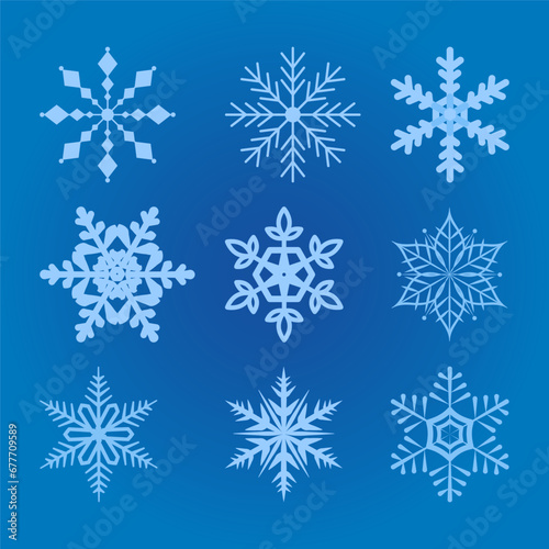 Set of snowflakes on a blue background. Decorative elements for greeting cards, holiday backgrounds, wrapping, fabric, banners. Vector illustration. 