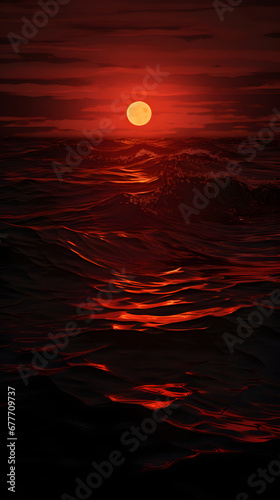 the sun set over a dark sea, with ripples and waves, in the style of dark crimson and light crimson
