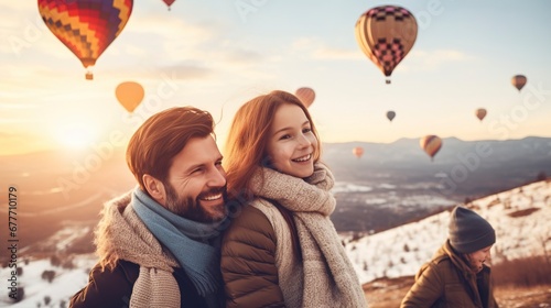 family photo in winter against sunset background