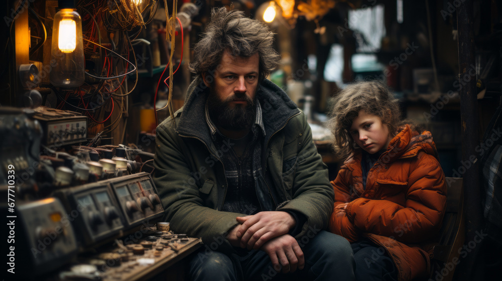 Anxious and tired unshaven dad with his young daughter dressed with warm clothes inside a dark technical room without heating