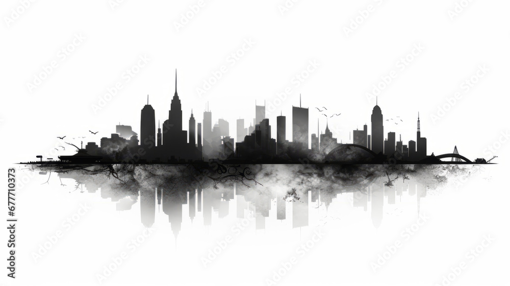 Black and white stylized Skyline of a modern big city with buildings and skyscrappers into fog in water color style with white background