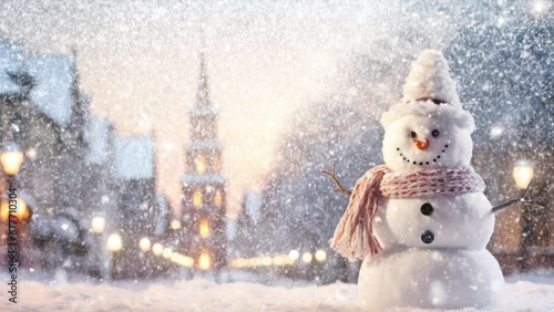 A snowy white Christmas winter landscape, a white snowman wearing a scarf on a snowy road and a church, and a cozy and warm Christmas background
