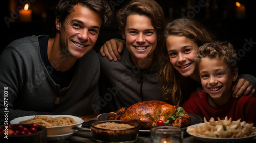 A happy family with two guys and two smiling children around a dinner table with a turkey ready for Christmas