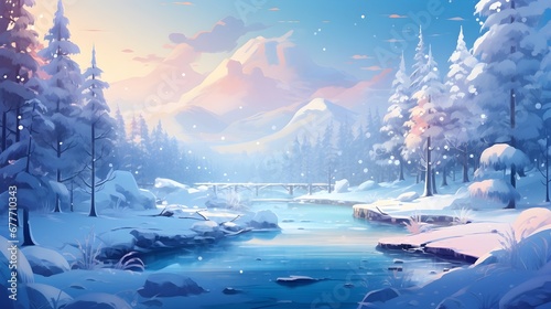 a cozy house among snowscape, winter scene, illustrations