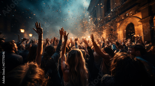 Back view of a crowd in jubilation inside a street to celebrate a very happy event with blue smoke and orange sparkle in blurry background