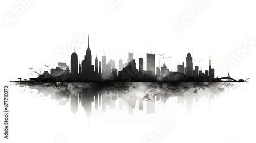 Black and white stylized Skyline of a modern big city with buildings and skyscrappers into fog in water color style with white background photo