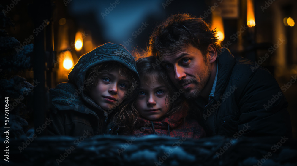 Worried young daddy with his two young daughters inside a dark place without heating