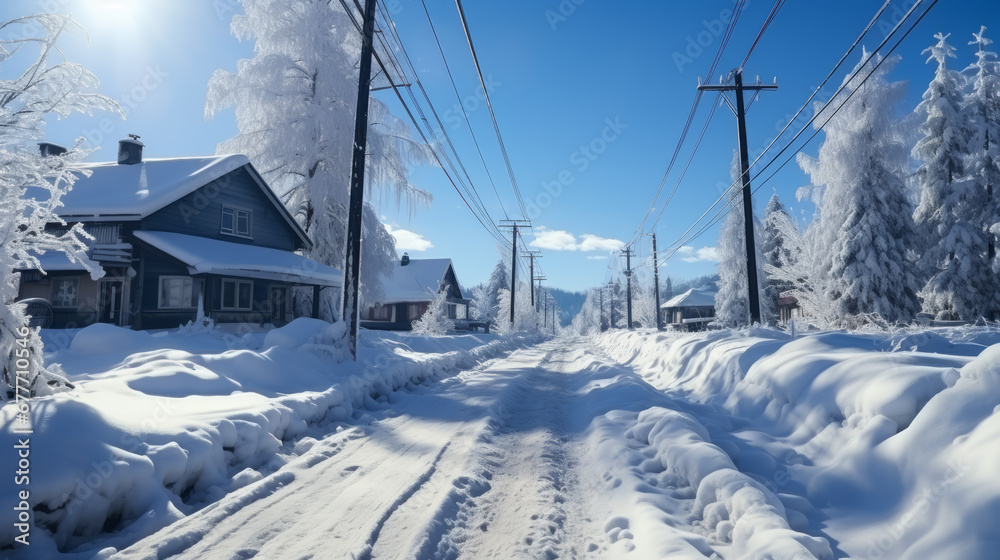 Winter landscape with lots of snow on the road and the houses along the track with frozen trees and electricity cables with a blue sky Winter landscape with lots of snow on the road and the houses along the track with frozen trees and electricity cables with a blue sky