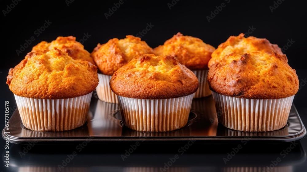  a group of muffins sitting on top of a metal tray on top of a black counter top next to a cupcake on a metal tray with a black background.  generative ai