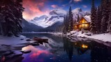  a cabin on the shore of a lake with a boat in the foreground and a mountain range in the background with snow on the ground and in the foreground.  generative ai