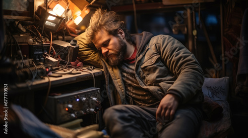 Tired unshaven man dressed with winter clothes sleeping in front of an electrical devices inside a small dark room without heating photo