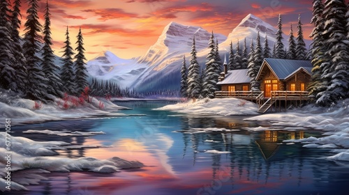 a painting of a cabin by a lake with snow on the ground and a mountain in the background with snow on the ground and a lake in the foreground. generative ai