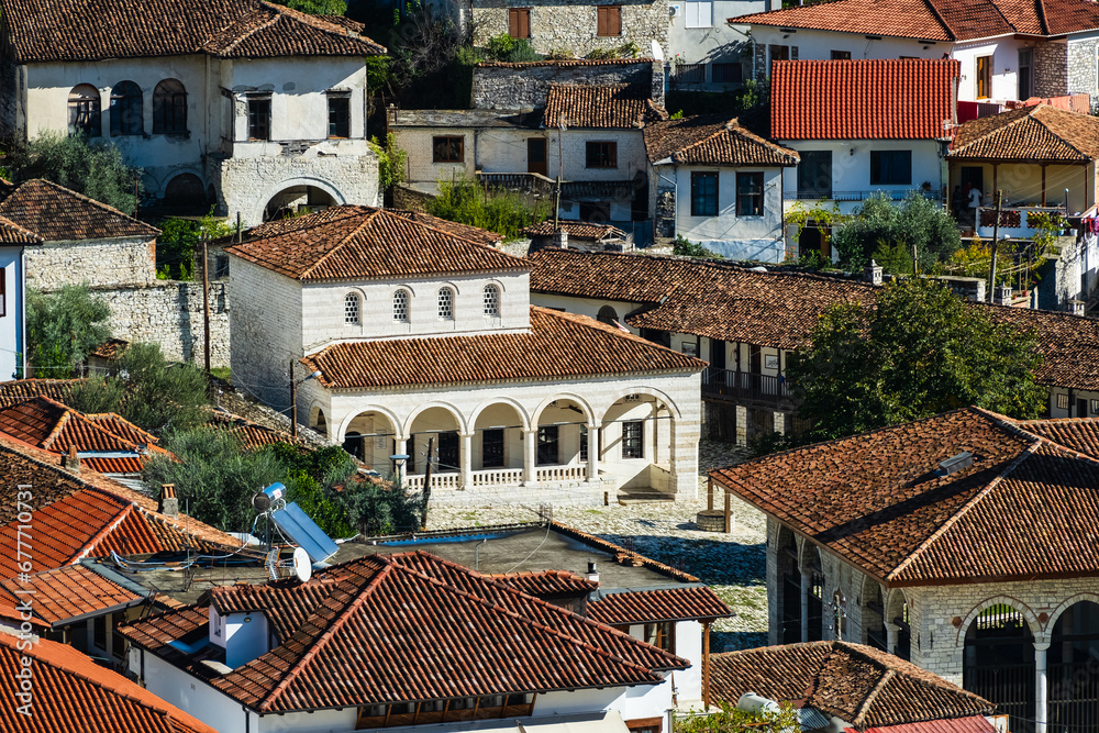 View at old city of Berat Albania. The old houses of Berat in Albania, unesco world heritage. Historic city of Albania