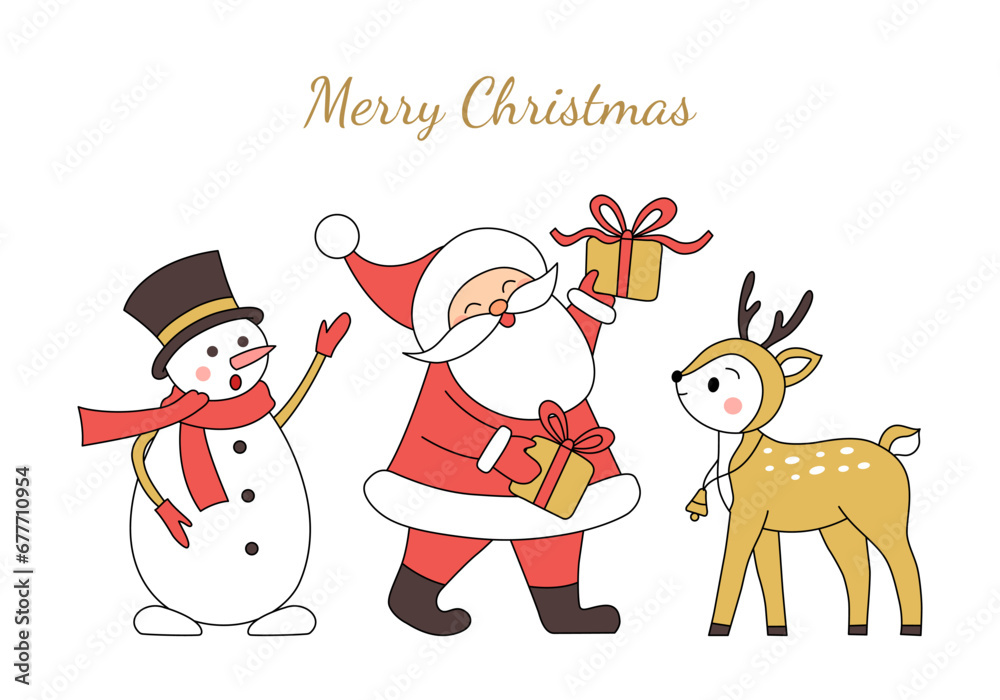 Christmas card Santa Claus, reindeer and snowman. Vector illustration.