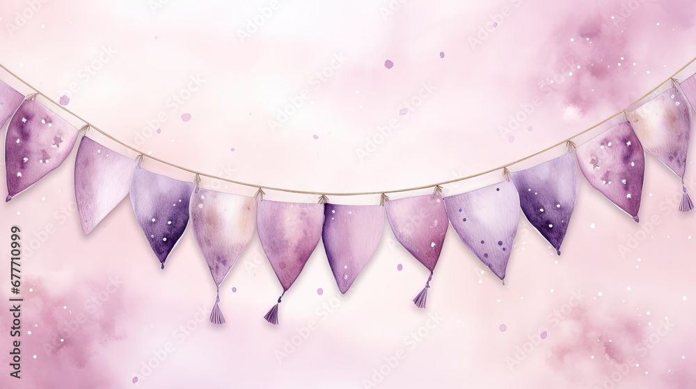  a pink and purple watercolor background with a string of purple and white buntings hanging from it's sides and a pink and purple background with white dots.  generative ai