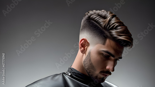 Man with side parted haircut on black and white faded background