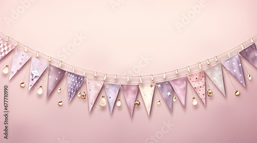  a pink and purple bunting banner with pearls and pearls hanging from it's sides on a string against a pink background with a light pink backdrop and gold polka dot. generative ai