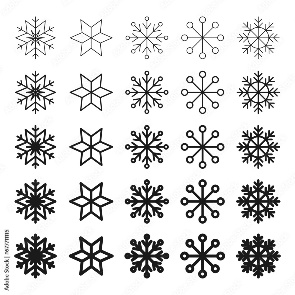 A set of simple snowflakes in different variations. Flat icons of snowflakes isolated on white background.