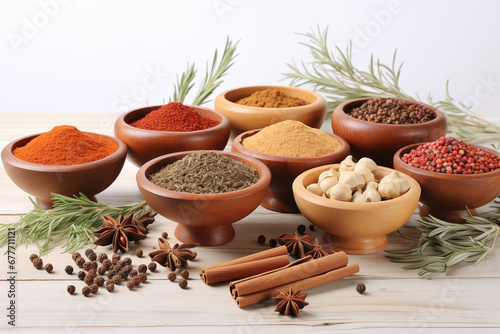 different spices on a white background