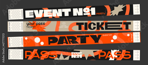 Control y2k ticket bracelets for events, disco, festival, fan zone, party, staff. Vector mockup of a festival bracelet in a futuristic cartoon groovy style