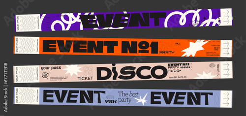 Control y2k ticket bracelets for events, disco, festival, fan zone, party, staff. Vector mockup of a festival bracelet in a futuristic cartoon groovy style