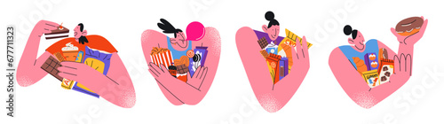 Cartoon characters candy girls with sweets in retro 90s style. Sweet tooth concept, chupachups, fast food, candy. Doodle emo woman in hippie groovy style