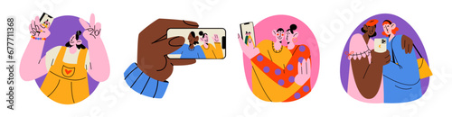 Cartoon characters girls taking selfie. Youth friendship concept online in smartphone. Video call hippie retro groovy women