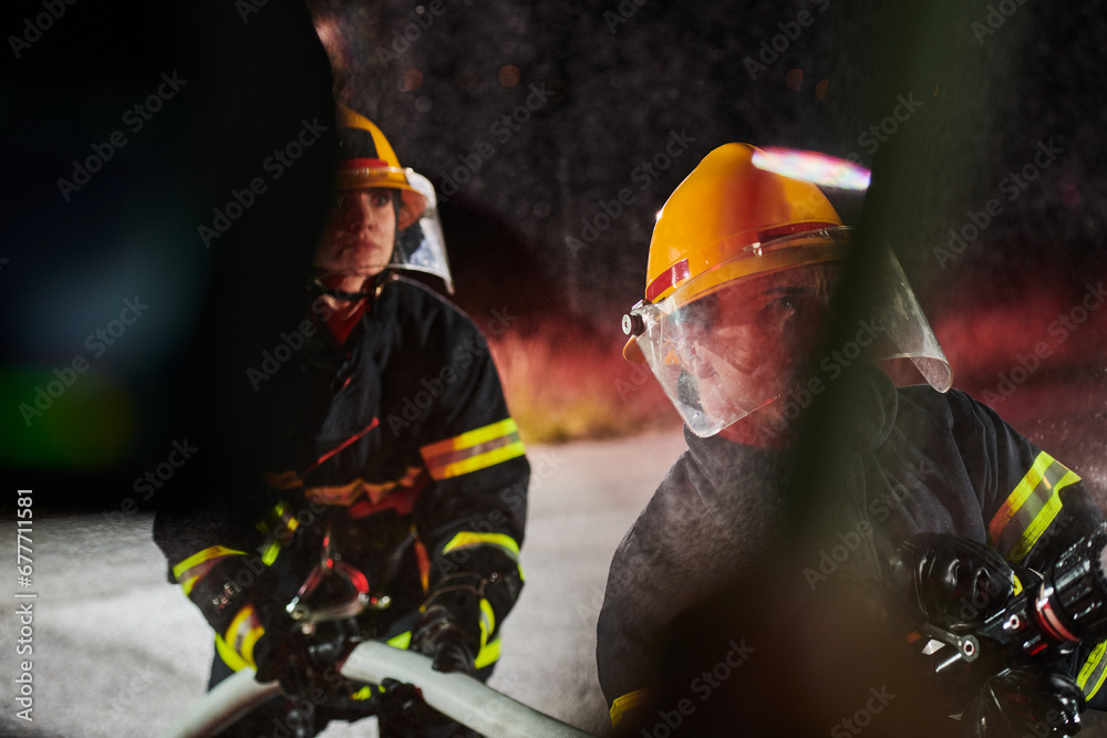 Fototapeta premium Firefighters using a water hose to eliminate a fire hazard. Team of female and male firemen in dangerous rescue mission.