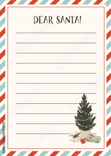 Letter to Santa Claus template for kids. Christmas wishlist for children. Dear Santa printable holiday paper letter background. Christmas vector illustration in flat hand drawn doodle style