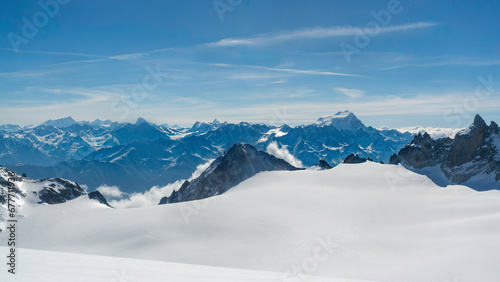 The Alps chain from the Trient glacier with the Mont-Blanc, the Matterhorn, the Dent Blanche and the Weisshorn