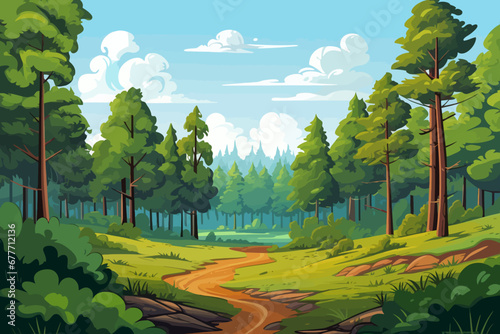 Forest landscape background with green trees and grass in cartoon style vector illustration