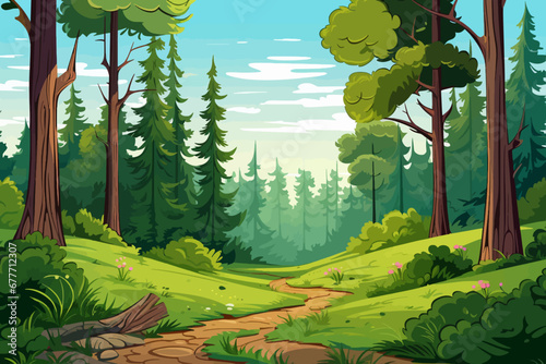 Forest landscape background with path in the middle of the forest vector illustration