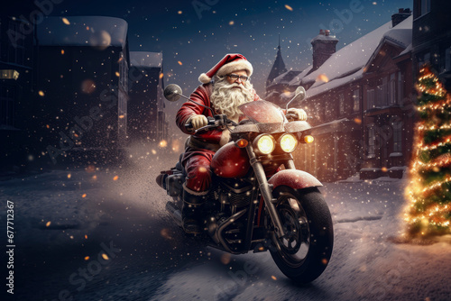 Santa claus riding a motorcycle generative ai photo