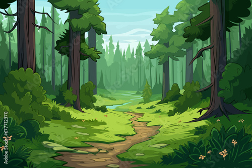 Forest landscape background with path in the middle of the forest vector illustration