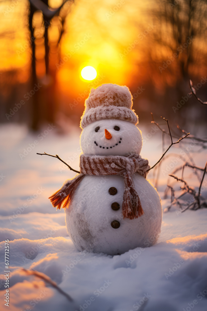 Obraz premium Cute Snowman in the Winter Forest 