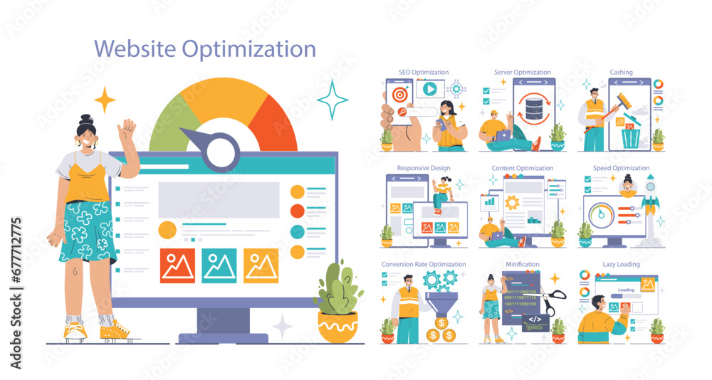 Website Optimization set. Expert showcasing strategies. SEO enhancements, responsive design, speed boost. Content refining, server tweaks. Flat vector illustration.