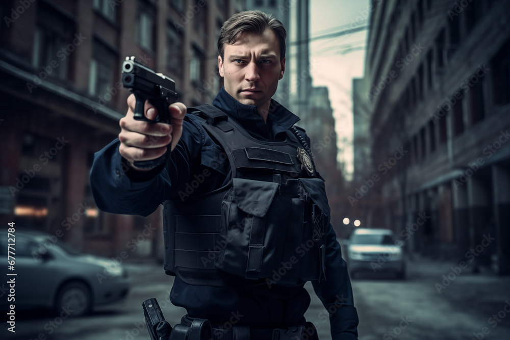 a police officer with a gun in an emergency a police officer with a gun in an emergency