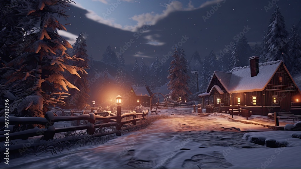  a screenshot of a snowy night with a cabin in the foreground and a street light in the middle of the night in the middle of the foreground.  generative ai