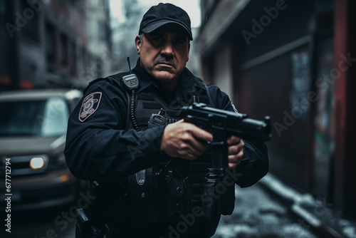 a police officer with a gun in an emergency
