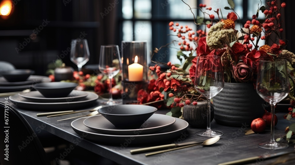  a table is set with plates, silverware, and a vase filled with red flowers and greenery with a lit candle in the middle of the center of the table.  generative ai