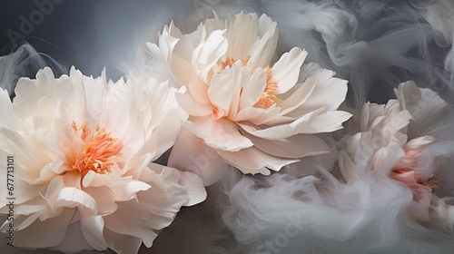  a couple of white flowers sitting on top of a black and white background with smoke coming out of the center of the flowers and the petals on the top of the petals. generative ai