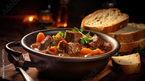  a bowl of beef stew with bread on a cutting board with a glass of wine and a candle in the background on a wooden board with a slice of bread. generative ai