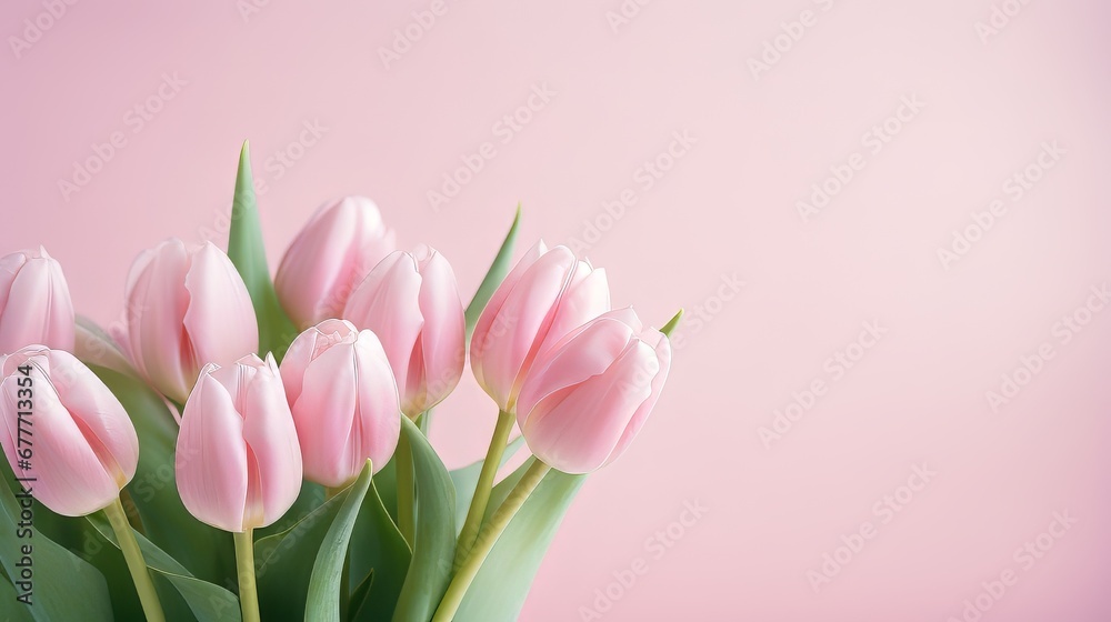 Fototapeta premium Spring blossoming tulips in garden, springtime bright flowers in the field, pastel and soft floral card, selective focus, shallow DOF, toned