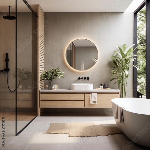 Modern bathroom design, Minimalist, Scandinavian design, Contemporary design, Clean lines, neutral colors,Functional design, Space planning, Natural light Indoor plants