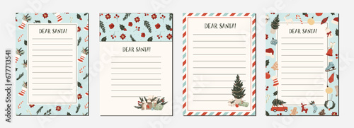 Set of letter to Santa Claus templates for kids. Christmas wishlist for children. Dear Santa printable holiday paper letter background. Christmas vector illustration in flat hand drawn doodle style photo